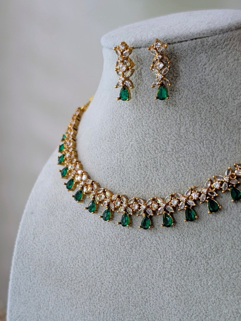 Gold-Tone Emerald Teardrop Necklace and Earring Set